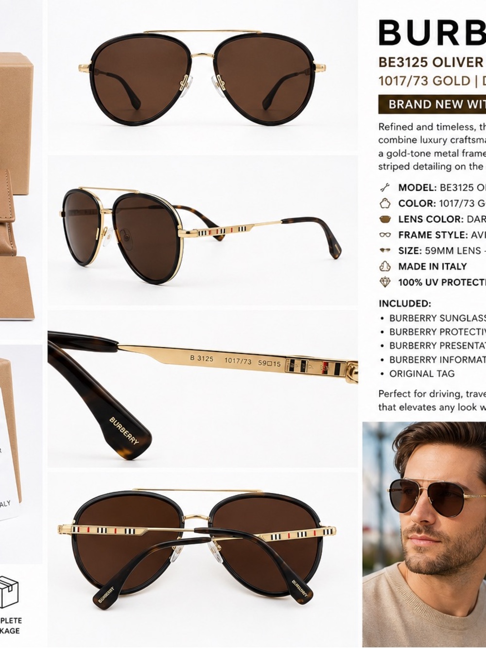 Burberry Men's Aviator Sunglasses in Brown and Gold-Tone